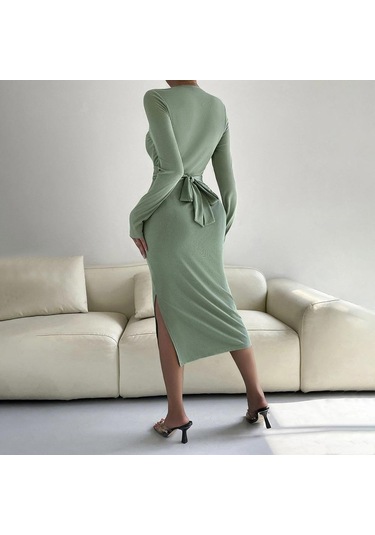 Hnxc Kadın Moda Yaz Bahar Düz Renk Baskı Uzun Kollu O-boyun Yüksek Bel Günlük Elbiseler Açık Yeşil