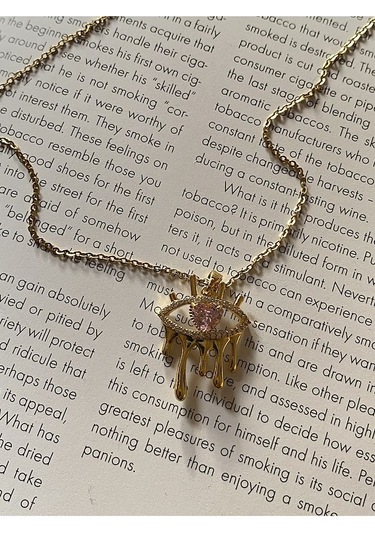 Pembe Taşlı Göz Çelik Kararmaz Gold Kolye