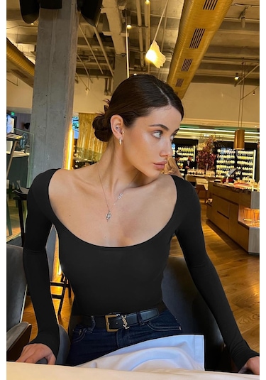 Madmext Siyah Kayık Yaka Kadın Body Mg1840-siyah Siyah