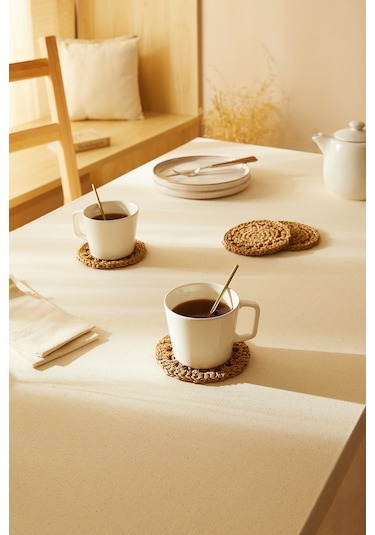 Ocean Home Textile 4'lü Bej Renk Motifli Rafya Bardak Altlığı Ø 11 cm