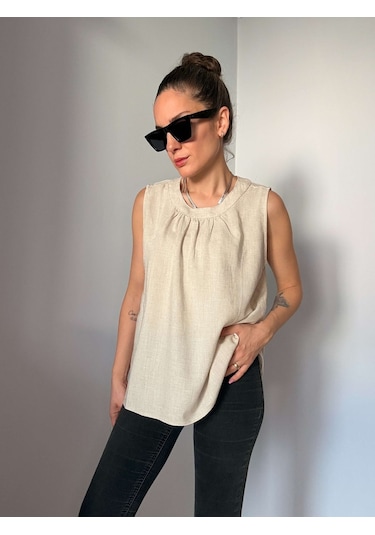 Ali Butik Taş Rengi Bisiklet Yaka Keten Bluz Taş