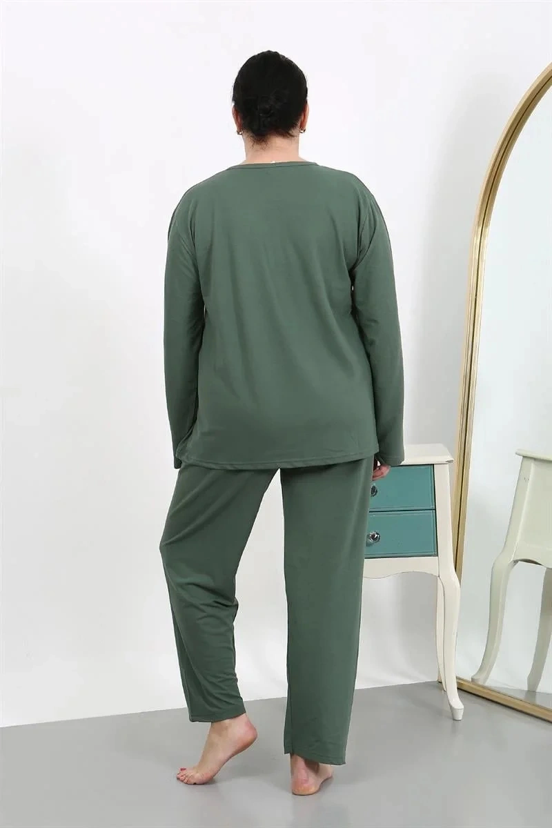 Moda Kadın Büyük Beden Uzun Kol Penye Pijama Takımı Haki Haki
