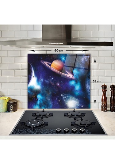 Decorita Cam Ocak Arkası Koruyucu Galaksi Desen - Renkli  52 CM x 60 CM