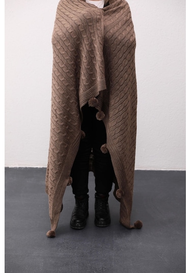 Biocotton Triko Ponponlu Örgü Tv Battaniyesi - Kahverengi