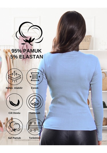 Pamuklu Kaşkorse V Yaka Body Sweatshirt, Fitilli Kumaş Likralı Bluz, Asker Yeşili Badi Açık Mavi