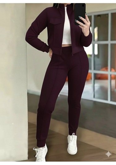 S-pazarım Kadın Uzun Kollu Önden Fermuarlı Kısa Modal Mor Ceket Ve Pantolon Ikili Takım Bordo
