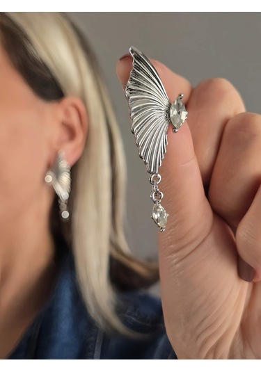 Eva Takı Store Kelebek Kanat Model Büyük Gümüş Renk Küpe Silver Gümüş