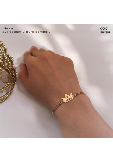 Nisan Ayı Doğumlarına Taç Motifli 14 Ayar Altın Plakalı Renkli Taş Desenli Hediye Bileklik-489ay Nisan