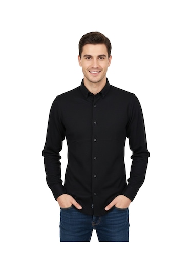 Rasstmen Erkek Spor Slim Fit Uzun Kol Petek Dokulu Gömlek Bgl-st04823 Siyah