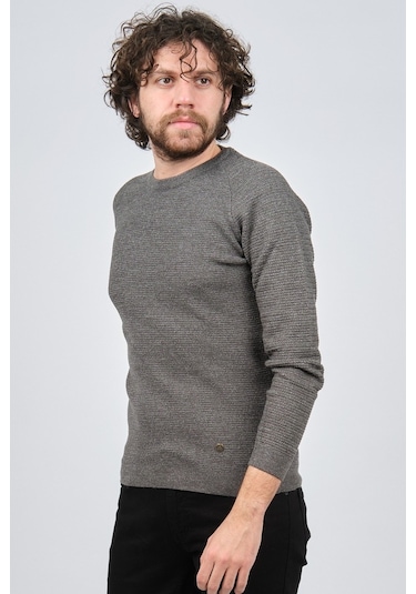 Çizgi Triko Erkek Bisiklet Yaka Slim Fit Kazak 42554259 Gri Gri