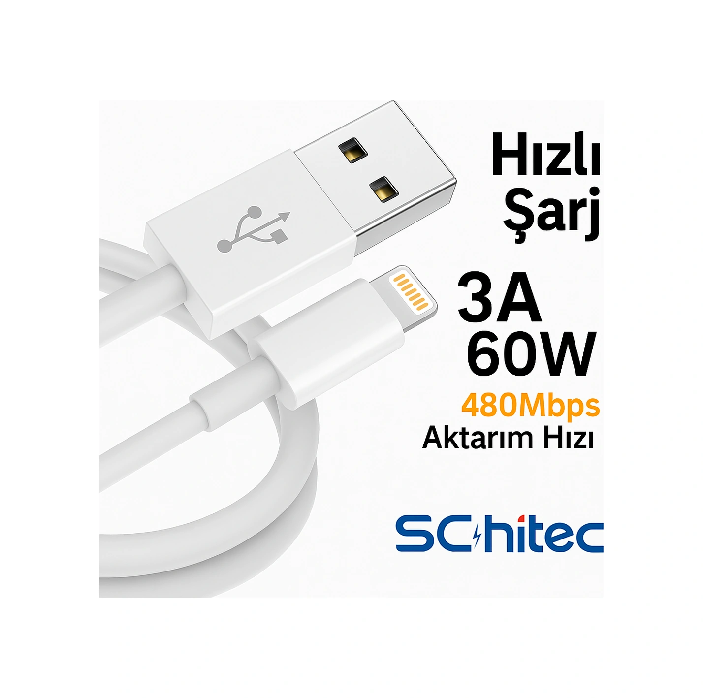 Schitec 3a 60w Usba To Lightning Hızlı Data Ve Şarj Kablosu 2 Metre Beyaz X74