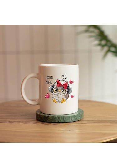 Lısten Musıc Baykuşlu Baskılı Seramık Kupa Beyaz