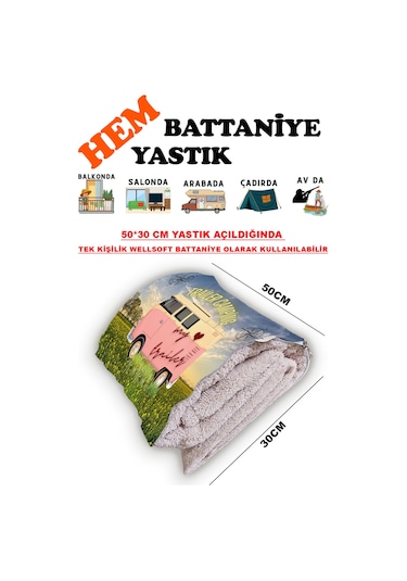 Karavan Camping-2 Baskılı Tv Battaniyeli Opsiyonel Dekoratif Hediye Yastık Battaniye 2in1 Gifts-2 Çok Renkli