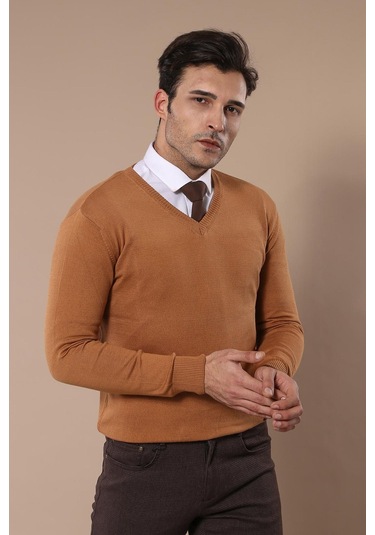 Wessi V Yaka Erkek Triko - Kahverengi