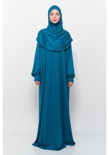 Pratik Tek Parça Pamuklu Yarasa Kollu Tak Çıkar Başörtülü Tesettür Namaz Elbisesi Açık Petrol Çok Renkli