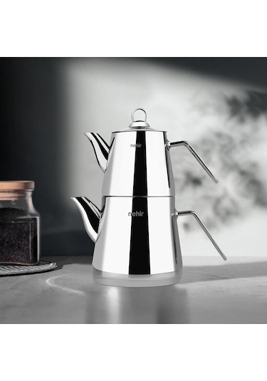 Nehir Alya Mini Küçük Boy Paslanmaz Çelik 0.80-1.90 Lt. Çaydanlık Takımı Gri