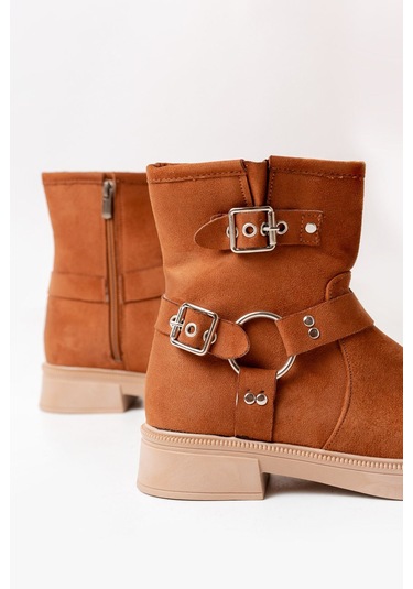 02-2013 Taba Süet Toka Aksesuarlı Fermuarlı Günlük Kadın Bot Taba