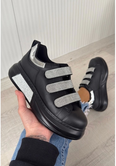 Elika Siyah Cilt Simli Cırt Cırtlı Spor Ayakkabı Diğer