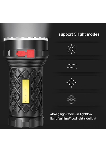 Ranyeek Usb Şarjlı 7led Cob Yan Işıkli Siyah El Feneri, 5 Işık Modu, Su Geçirmez, Dış Mekan Ve Ev Kullanıma Uygun, Dahili Li-poly Batarya Siyah