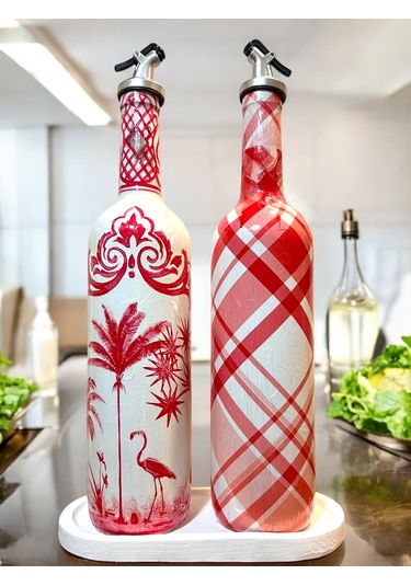 El Yapımı Kırmızı Beyaz Yağdanlık Seti Flamingo Ekose Desenli Cam Şişe, Dekoratif Mutfak & Sofra Ü Açık Pembe