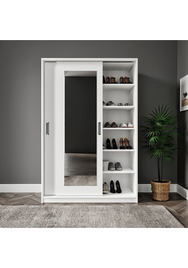 Başak Aynalı 2 Sürgü Kapılı Beyaz 8 Bölmeli Portmanto