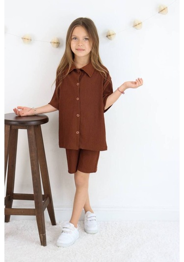 Gömlek Oversize Kız Şort Takım Karamel Kahve Açık Kahverengi