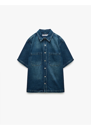 Koton Pamuklu Cepli Kısa Kollu Oversize Denim Gömlek Ceket Orta İndigo 5sam50023nd Indıgo