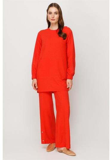 Doğal Kumaş Rahat Kullanımlı Pantolon Tunik Takım Mercan-mercan Mercan