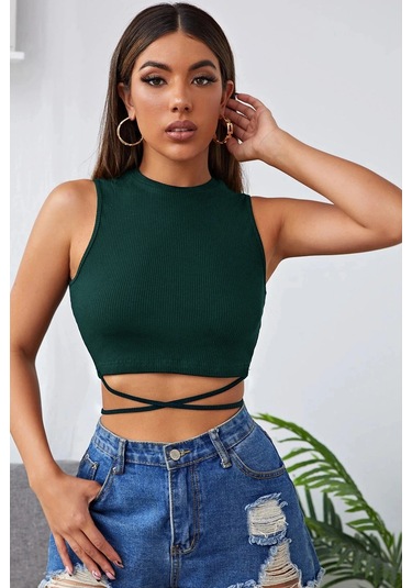 İmoda Kadın Yeşil Çapraz Bağlamalı Crop Top Büstiyer Çok Renkli