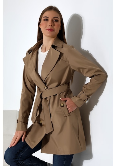 Kadın Degaje Kuşaklı Yarım Boy Astarlı Uzun Kollu Döğmeli Trençkot Vizon Vizon