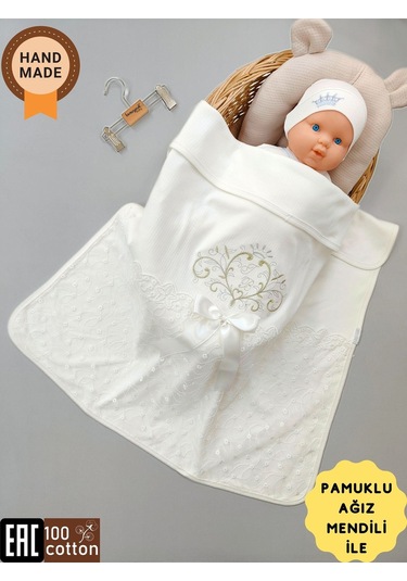 Pembe Kız Bebek Battaniyesi %100 Pamuklu Şık Dantelli Nakışlı Doğal Organik Uyku Örtüsü Yenidoğan Ekru