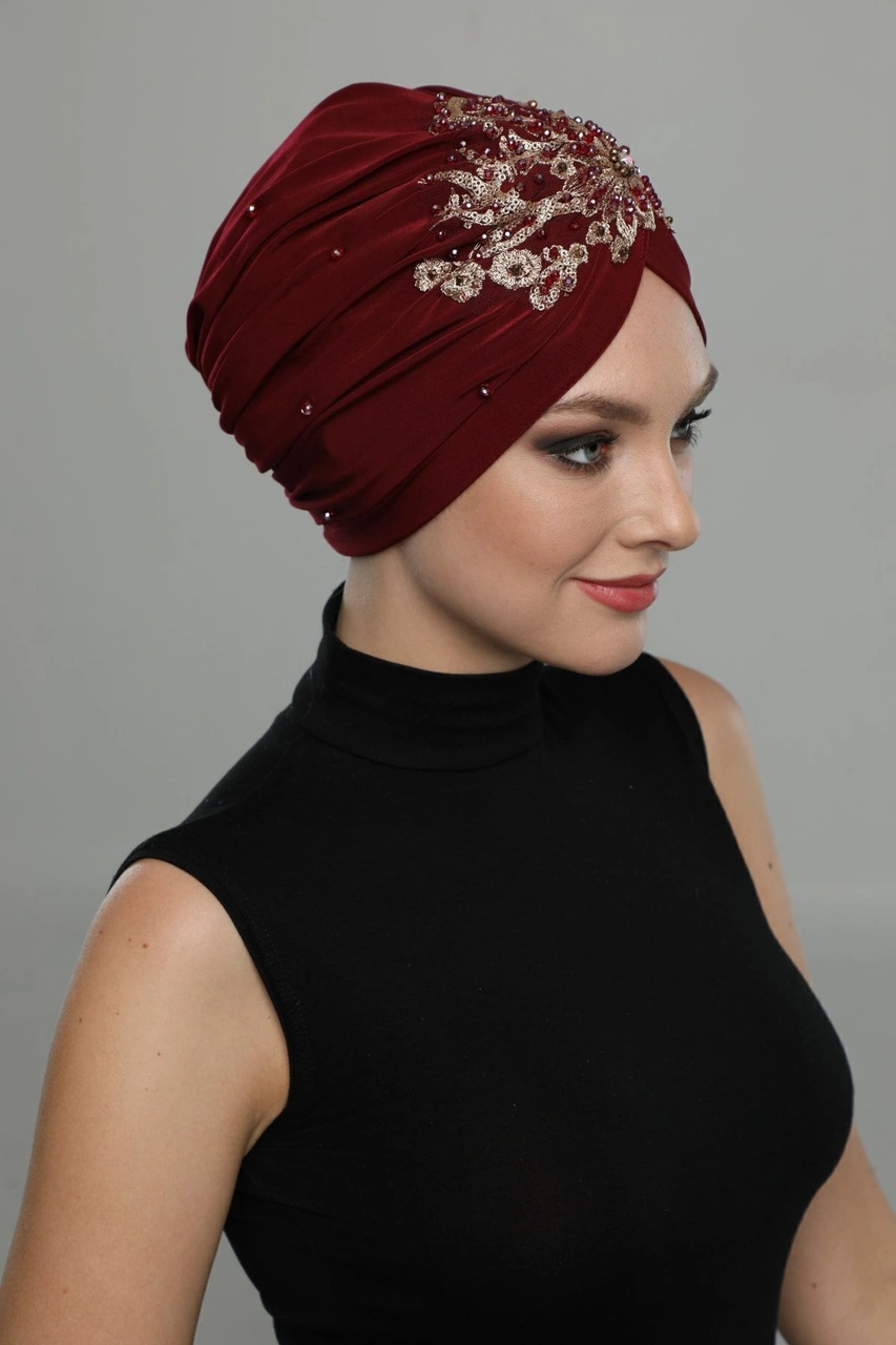 Kopma Astarlı Işlemeli Bordo Sırma Motifli Hazır Türban Tesettür Abiye Bone Bordo Sırma