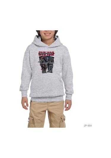 Civil War Team Captain America Gri Çocuk Kapşonlu Sweatshirt Gri