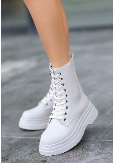 Rxn Bej Cilt Bağcıklı Suni Deri Yandan Fermuarlı İçi Pedli Bot Bej