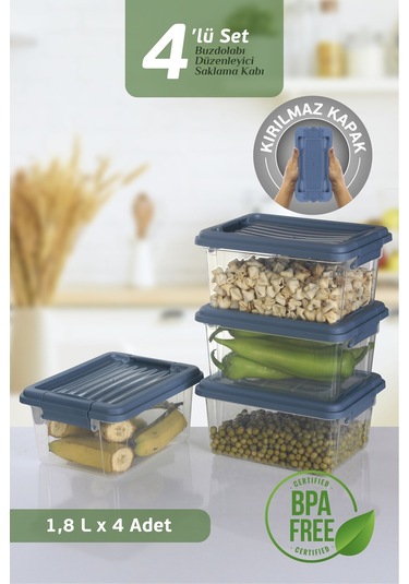 4'lü Set - 1800 Ml Kilit Kapaklı Erzak Saklama Kabı Difriz Buzdolabı Düzenleyici Saklama Kutusu Mavi Mavi