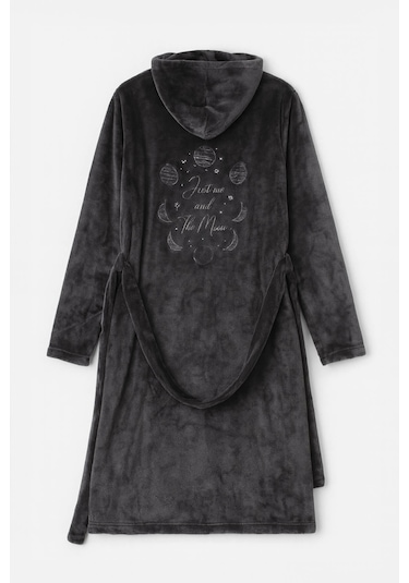 Kadın Kapüşonlu Yumuşak Kadife Dokulu Sabahlık Gri