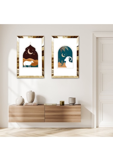 Gold Aynalı Pleksi Çerçeveli Gece Deve Dekoratif İkili Mdf Tablo Seti