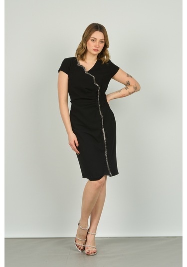 Vals Kadın Drapeli Ay Kollu Krep Kumaş Araboy Abiye Elbise 22-146 Siyah