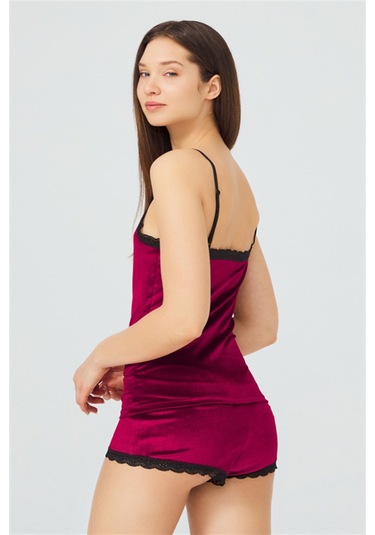 Vişne Dantel Detaylı İnce Askılı Kadife Kadın Atletli Şortlu Takı Kırmızı