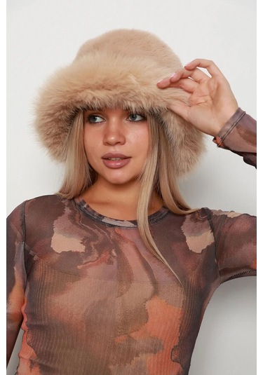 Kadın Peluş Bucket Kalpak Şapka 1143 Rkş-14 Camel Camel