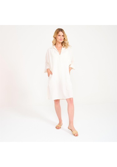 Miespiga Keten Plaj Elbisesi Krem- XS - S Krem