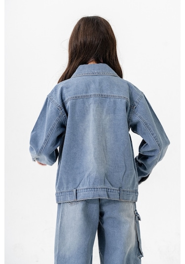Kız Çocuk Yaka Taşlı Kot Ceket 1548 Açık Mavi