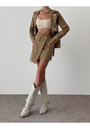 Kadın Düğme Detaylı Hardal Ceket Ve Etek Alt Üst Takım Hardal