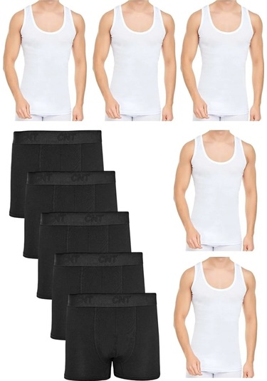 Tezzgelsin Erkek Pamuklu Penye 5 Atlet Ve 5 Boxer Beyaz Siyah Beyaz - Siyah