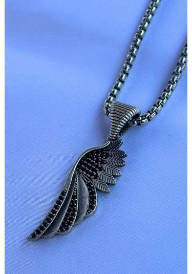 Taşlı Kanat El İşçiliği Paslanmaz Çelik Zincir Erkek Kolye Gümüş