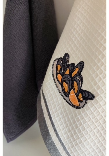 2 Li Mutfak Havlusu %100 Pamuk - Midye Nakışlı - 40x60 Cm Antrasıt Antrasit