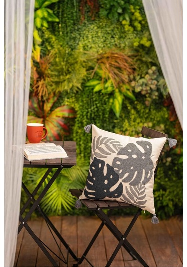 Botanik Yaprak Desenli Püsküllü Kırlent Kılıfı Siyah - Gri Çok Renkli