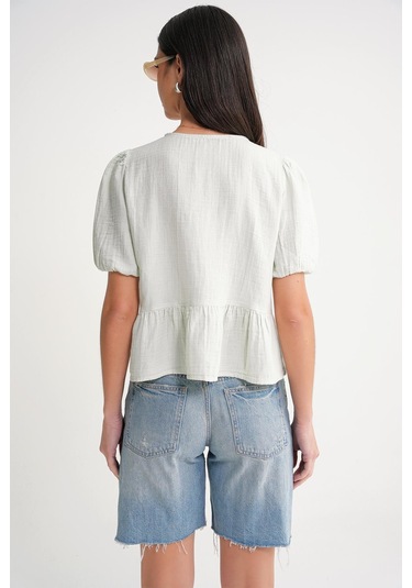 4713 Kadın Beli Büzgülü Kolu Lastikli Bol Müslin Bluz Adaçayı Adaçayı