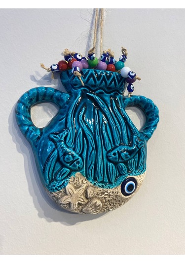 El Yapımı Nazar Boncuğu, Duvar Dekorasyon Ürünü, Seramik, El İşçiliği, Turkuaz Renkte Saksı Desenli -