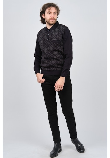 Ateş Triko Erkek Cep Detaylı Polo Yaka Desenli Yün Kazak 6092097 Lacivert